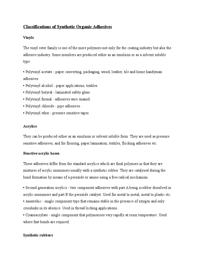 Classifications of Synthetic Organic Adhesives PDF Epoxy Adhesive