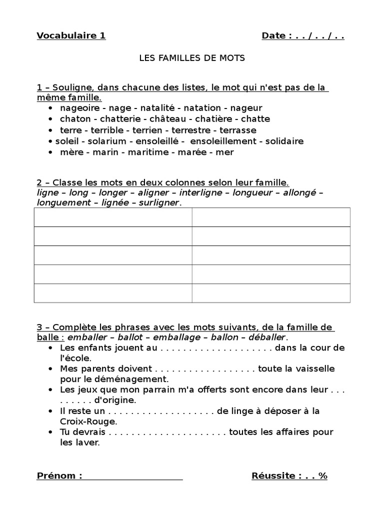Exercices Mots De La Même Famille Ce1 Les Mots de La Meme Famille