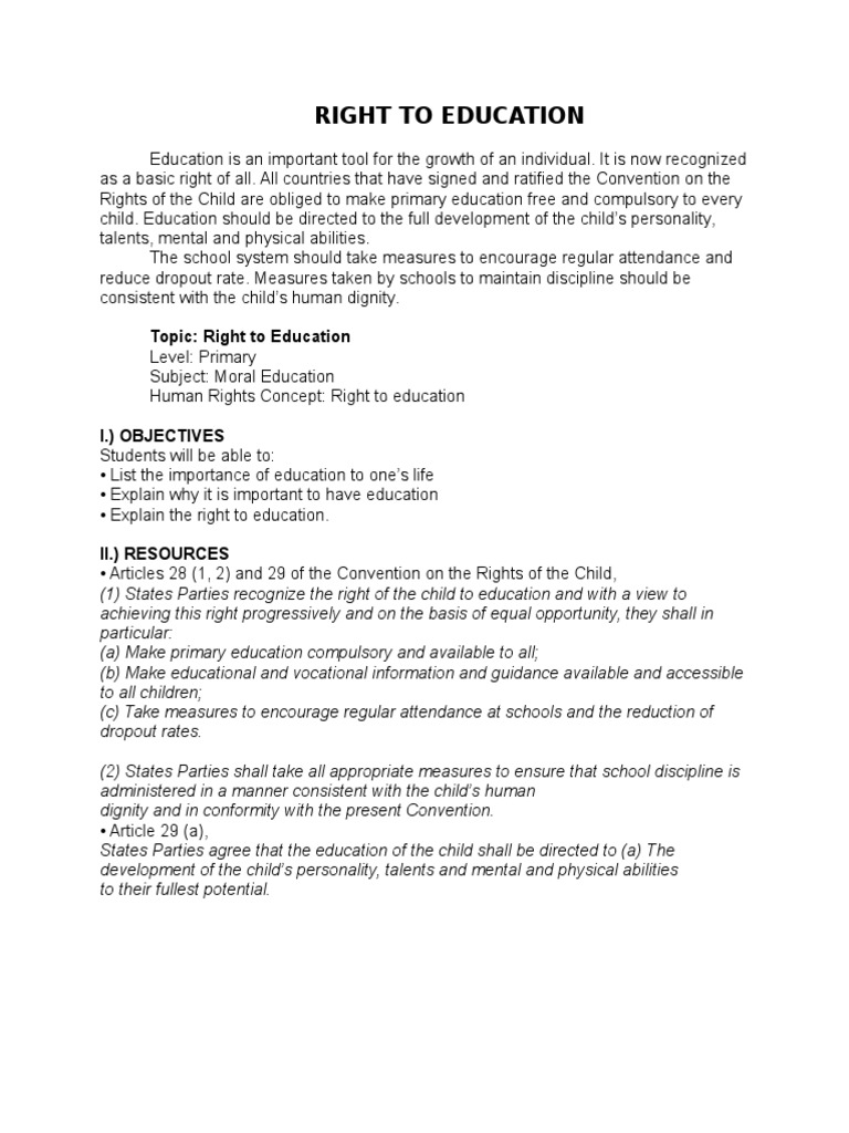 Right To Education - Lesson Plan | PDF | Sharing | Cognition