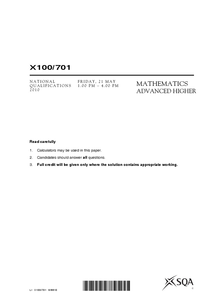 Advanced Higher Maths Exam 2010 Equations Complex Number - 
