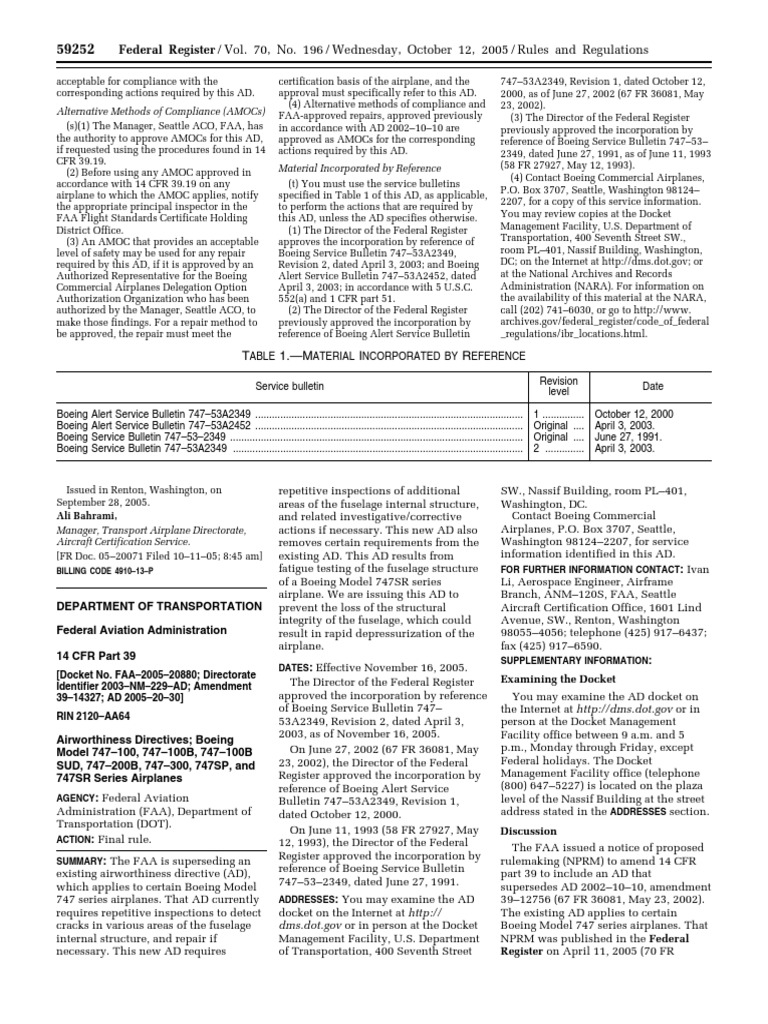 Rule Airworthiness directives Federal Aviation