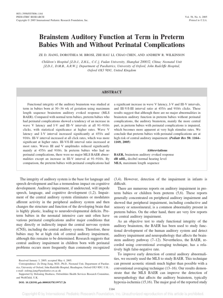 Brainstem Auditory Function at Term in Preterm Babies With and Without ...