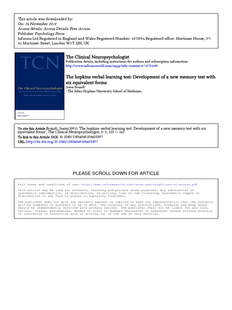 HVLT | PDF | Wechsler Adult Intelligence Scale | Memory