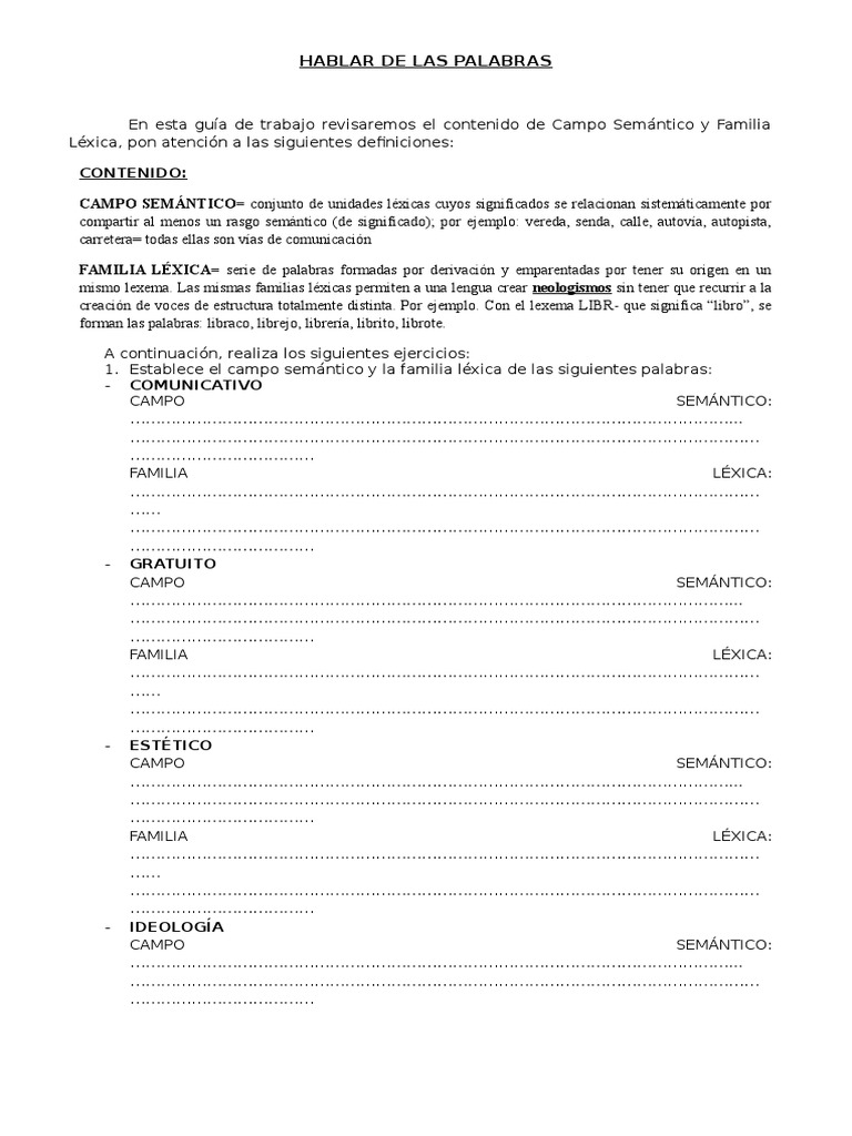 Campaña Hacia atrás cisne Guia Ejercicios - Campo Semantico+ Familia Lexica | PDF | Palabra |  Gramática