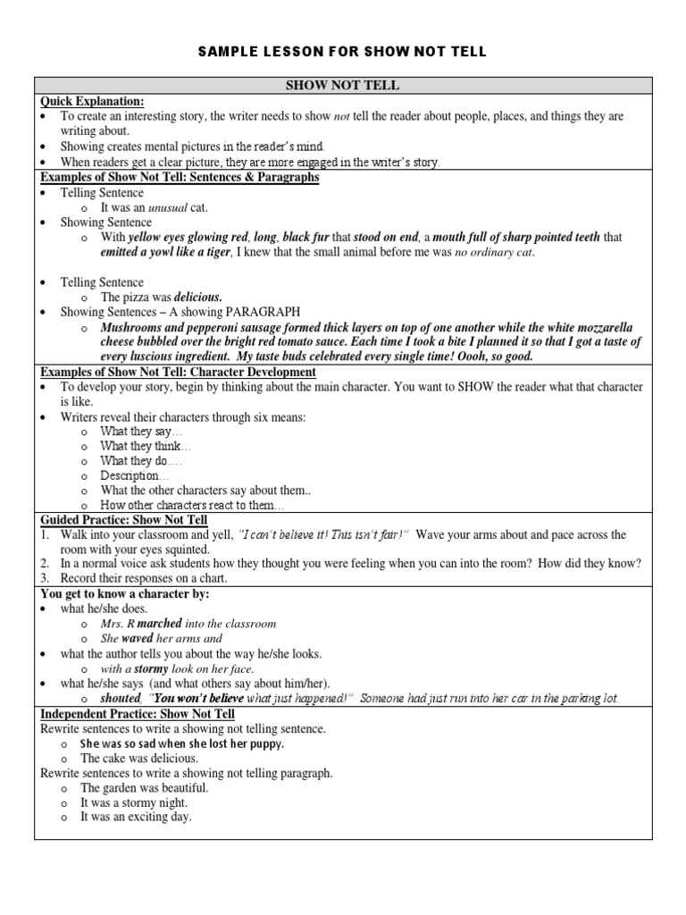 Sample Lesson For Show Not Tell Show Not Tell Quick Explanation PDF