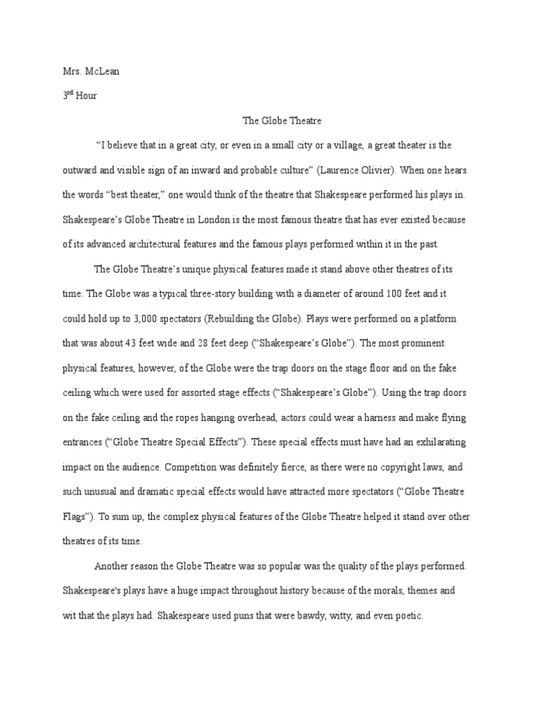 Globe Theatre Essay William Shakespeare Theatre