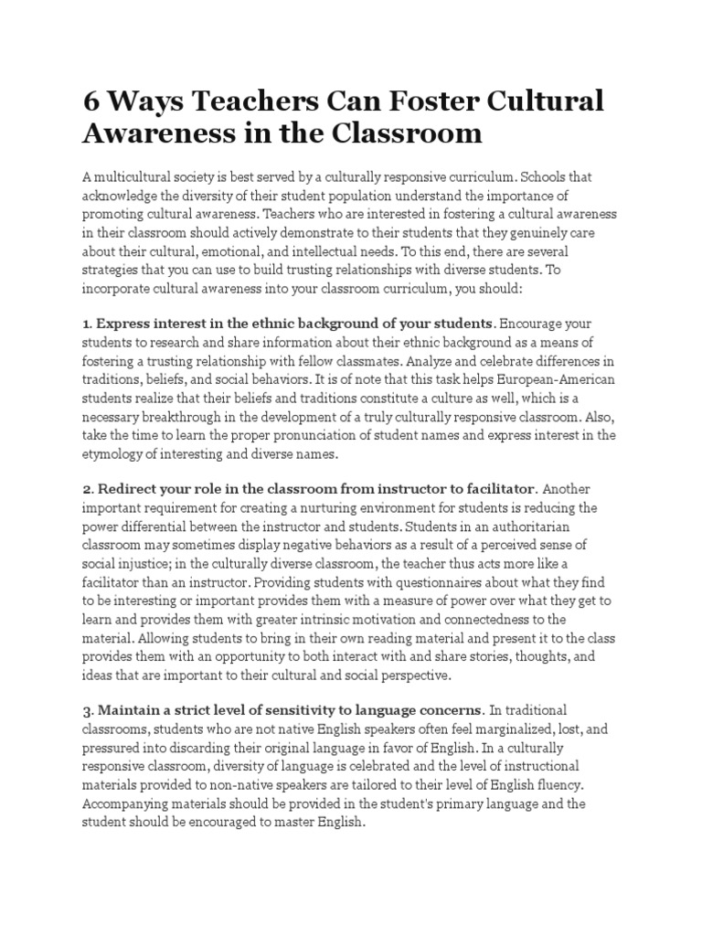 Fostering Cultural Awareness in Classrooms | PDF | Curriculum | Classroom