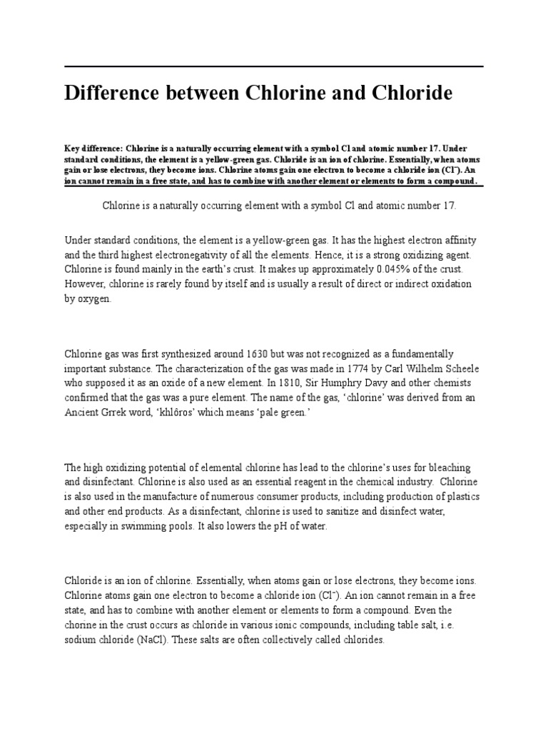 Difference Between Chlorine and Chloride PDF Chloride Chlorine