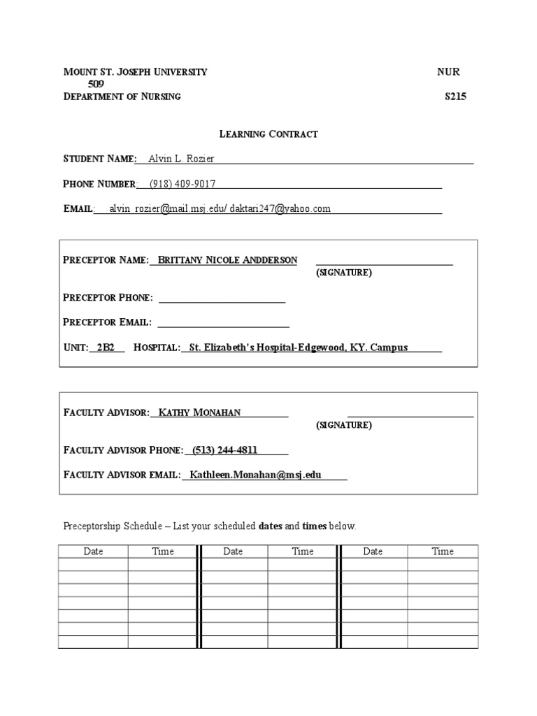 Nursing Preceptorship Learning Contract | PDF | Nursing | Patient