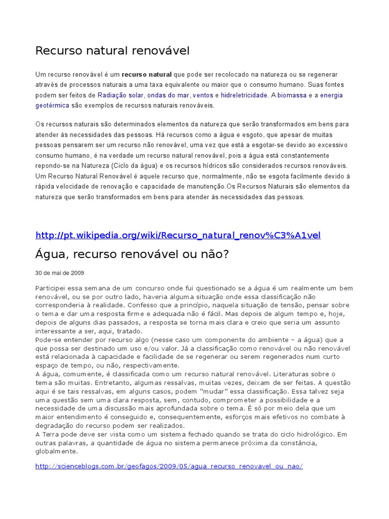 Água: Recurso Renovável ou Não? | PDF | Recursos renováveis | Energia ...
