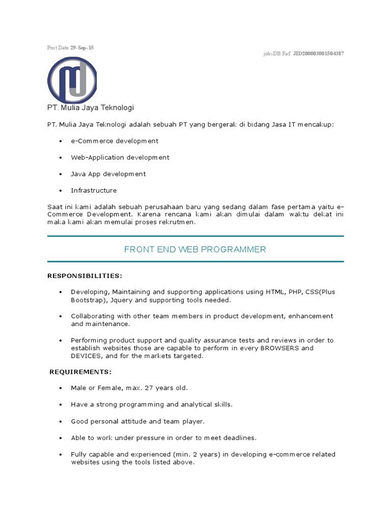 Front End Web Programmer Job in Jakarta | PDF
