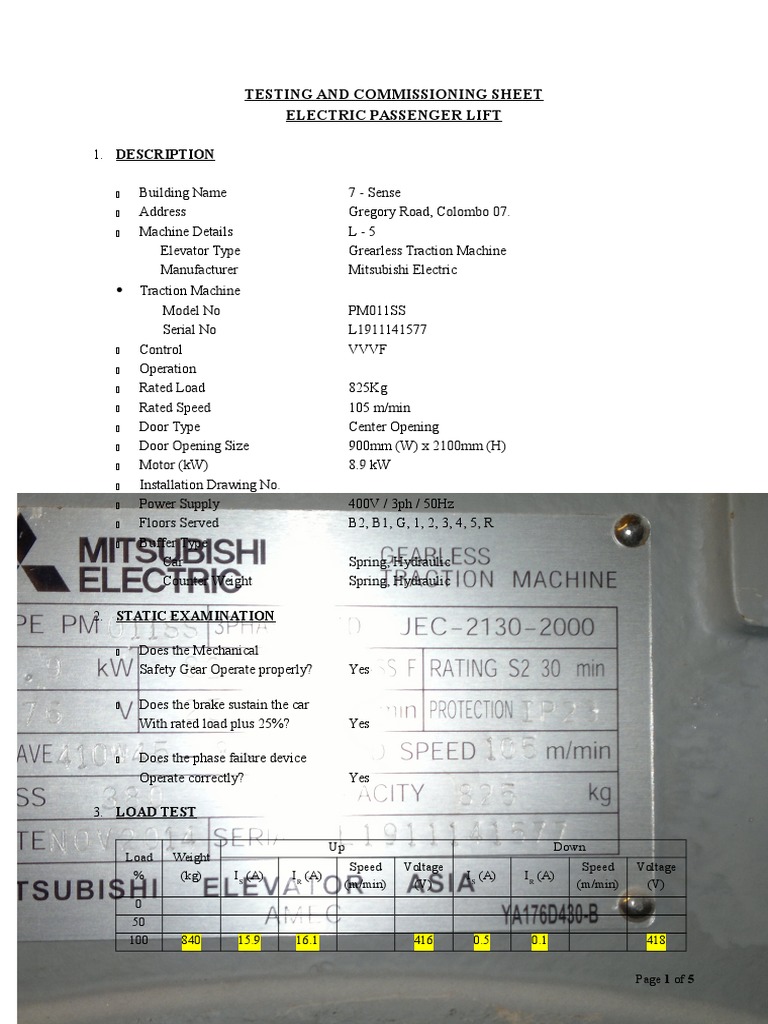 Testing & Commissioning Document for Elevators | Elevator | Switch