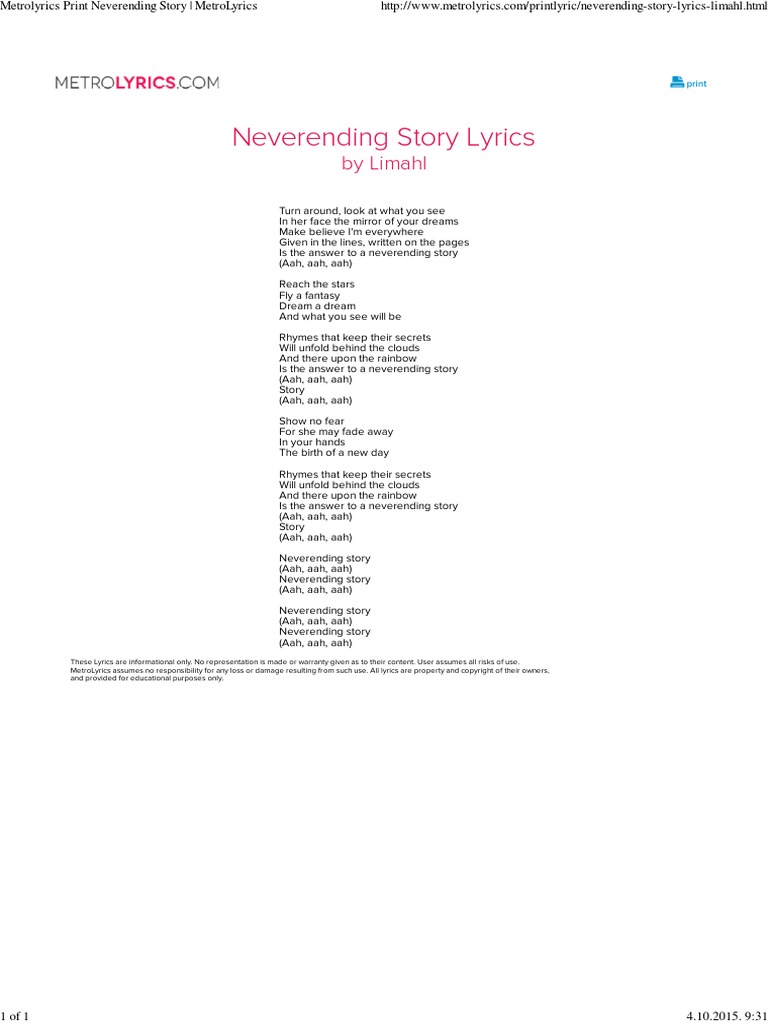 Neverending Story Lyrics by Limahl PDF