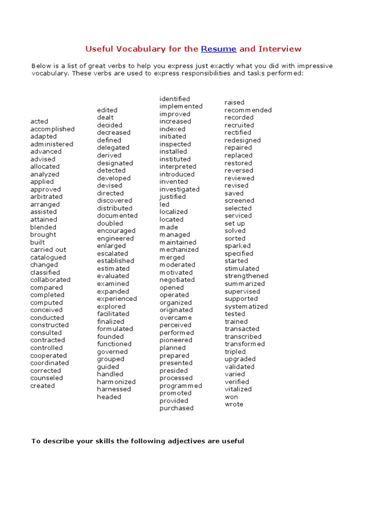 Useful Verbs and Adjectives for Resumes and Interviews | PDF | Résumé ...
