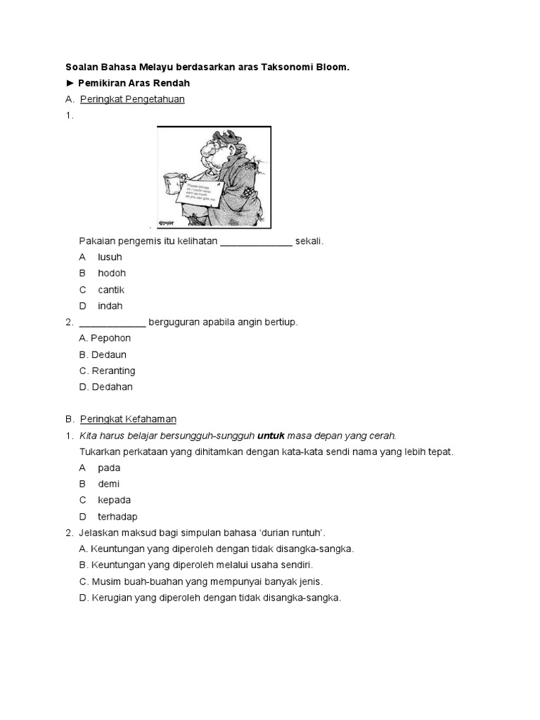 Soalan Bahasa Melayu Berdasarkan Aras Taksonomi Bloom