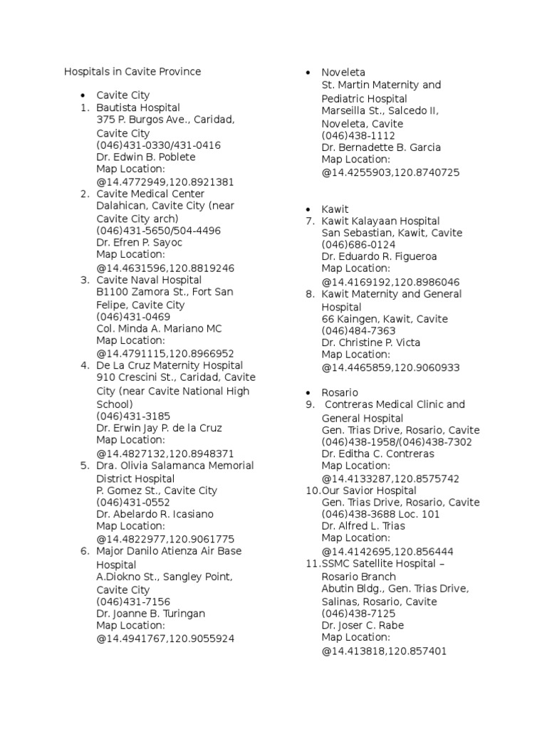 List of Hospitals in Cavite Province Philippines