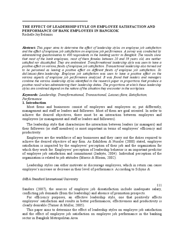 The Effect of Leadership Style On Employee Satisfaction and | PDF | Job ...
