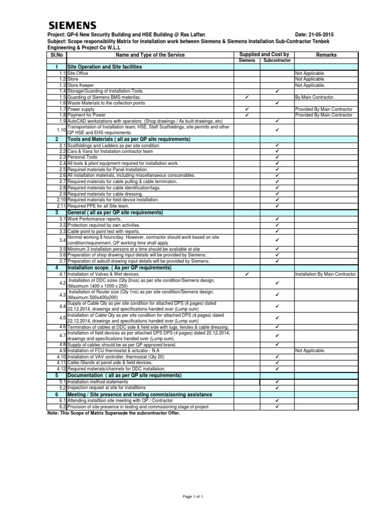 Siemens HSE Installation Scope Matrix | PDF | General Contractor ...