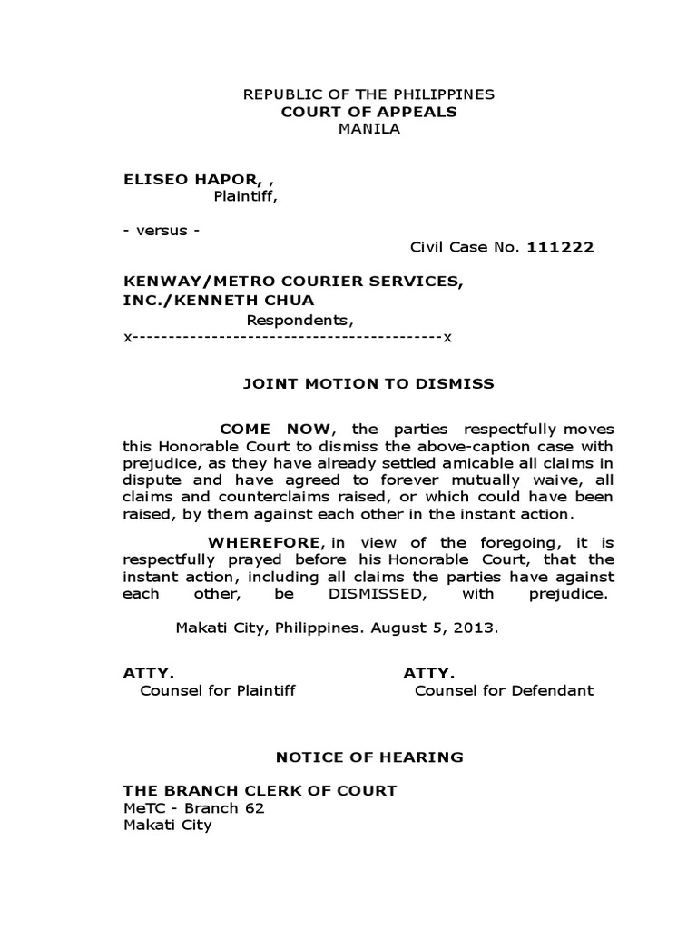 Sample Joint Motion To Dismiss PDF