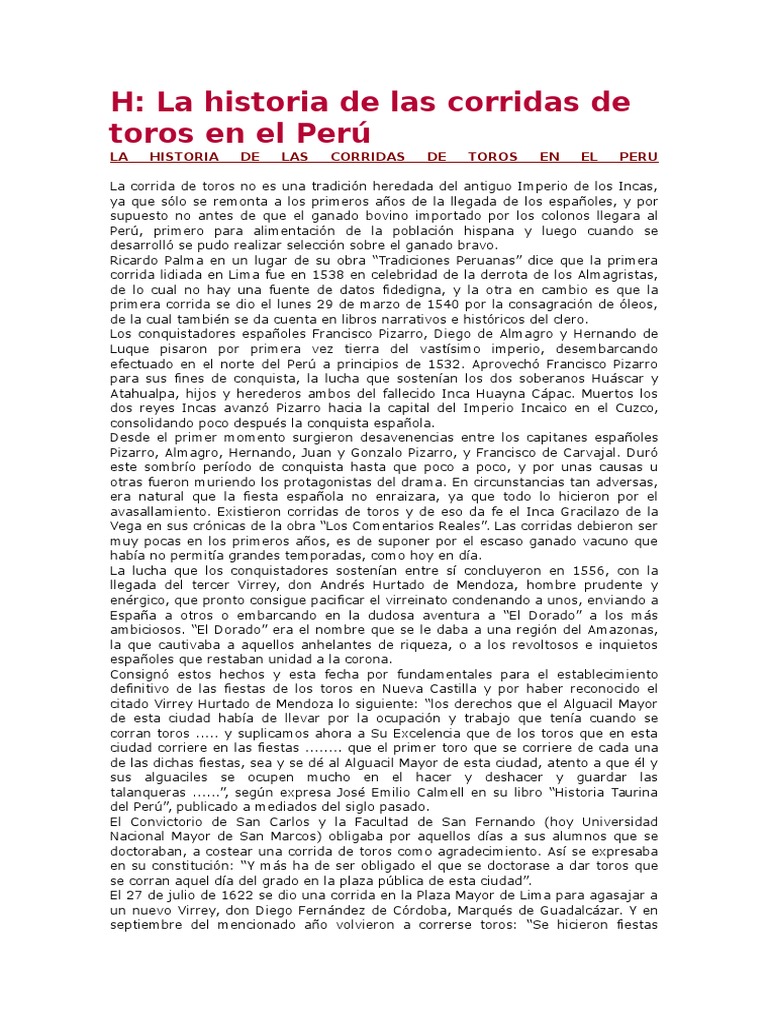 Historia de las Corridas de Toros en Perú | PDF | Francisco Pizarro | Toreo