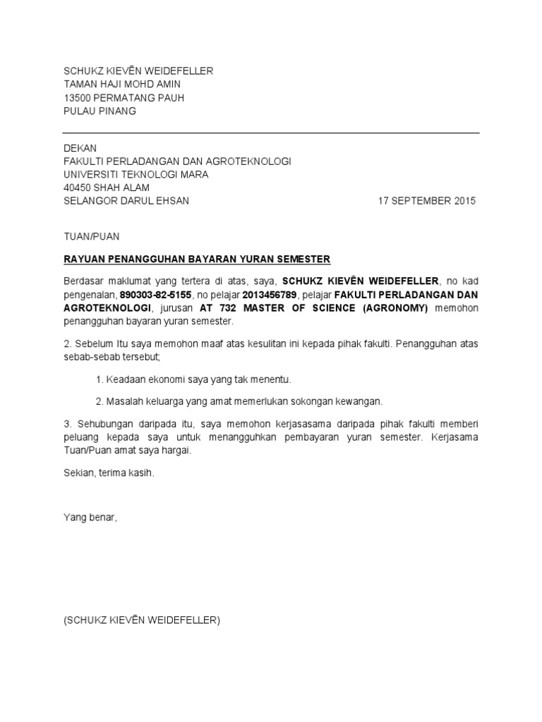 Contoh Surat Rasmi Rayuan Penangguhan Bayaran Yuran Semester Pdf