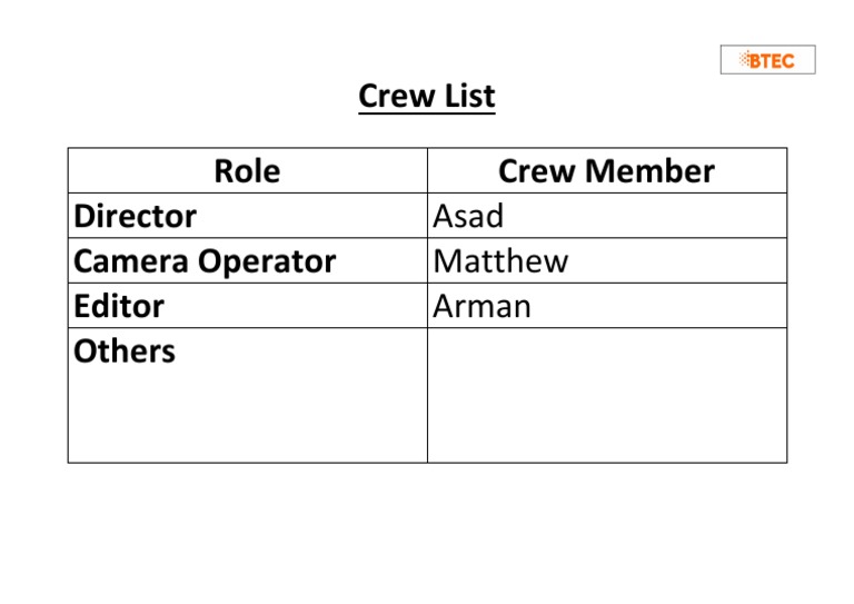 Crew List Role Crew Member Director Camera Operator Editor Others | PDF