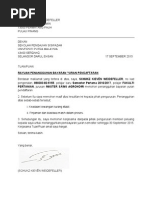 Contoh Surat Rasmi Rayuan Penangguhan Bayaran Yuran Pendaftaran Universiti Pdf