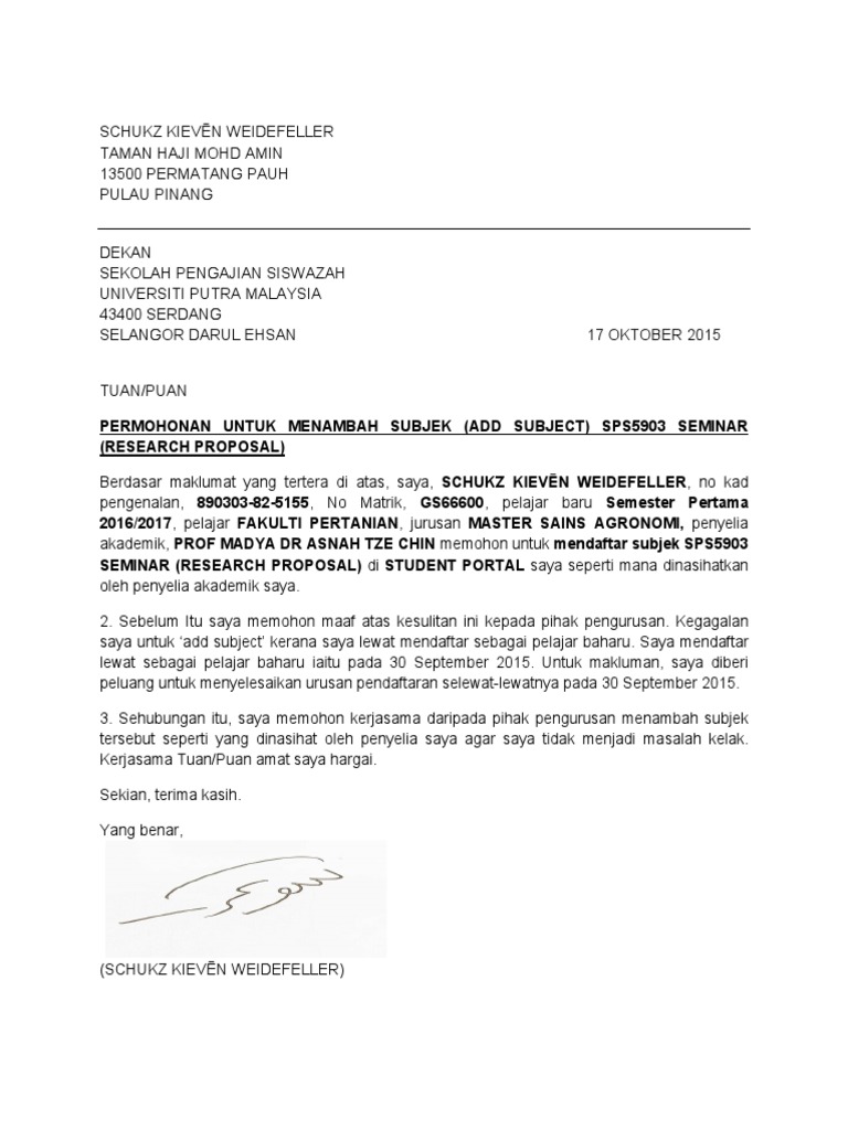 Contoh Surat Rasmi Permohonan Untuk Menambah Subjek Kursus Kerana Tamat Tempoh Add Drop Pdf