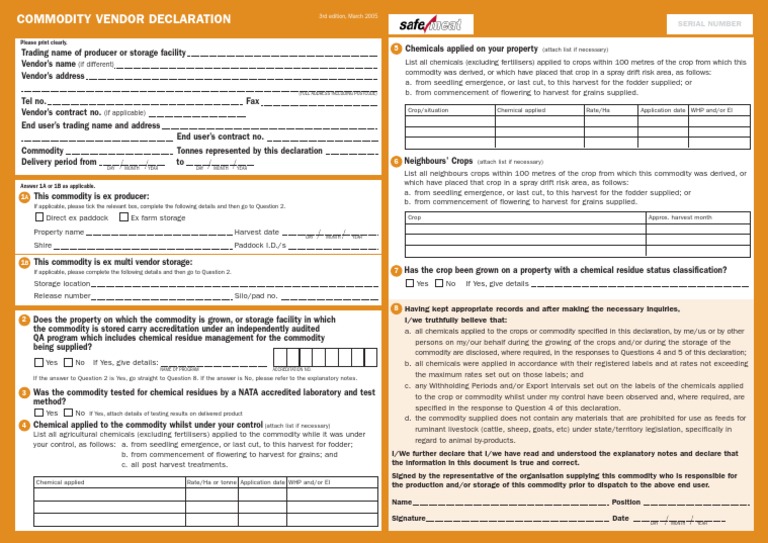 Commodity Vendor Declaration Form | PDF | Food Industry | Agriculture