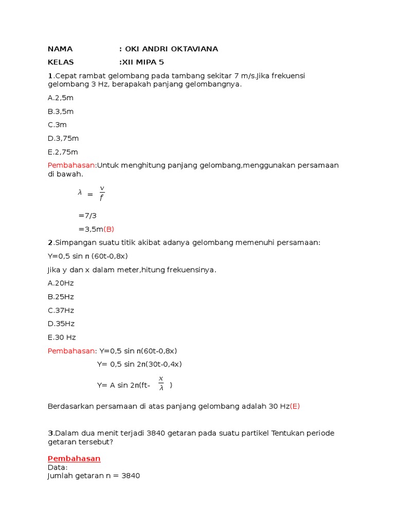 Contoh soal Gelombang dan Bunyi Kelas XII IPA