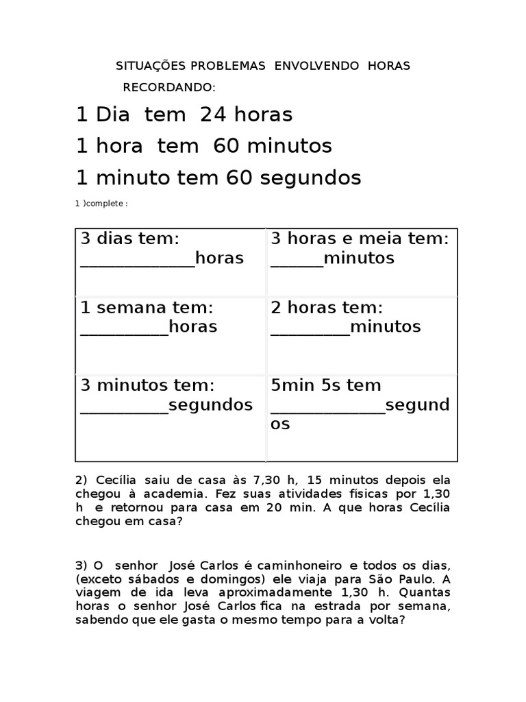 Situações Problemas com Horas
