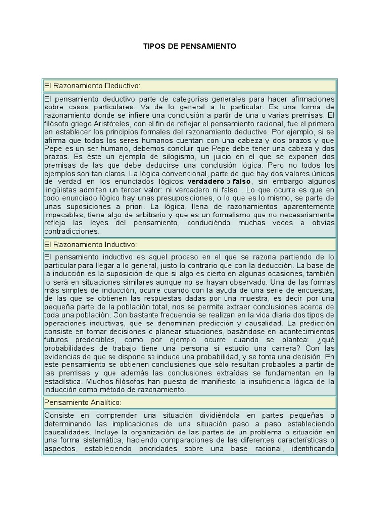 Tipos de Pensamiento | PDF | Razonamiento inductivo | Razón