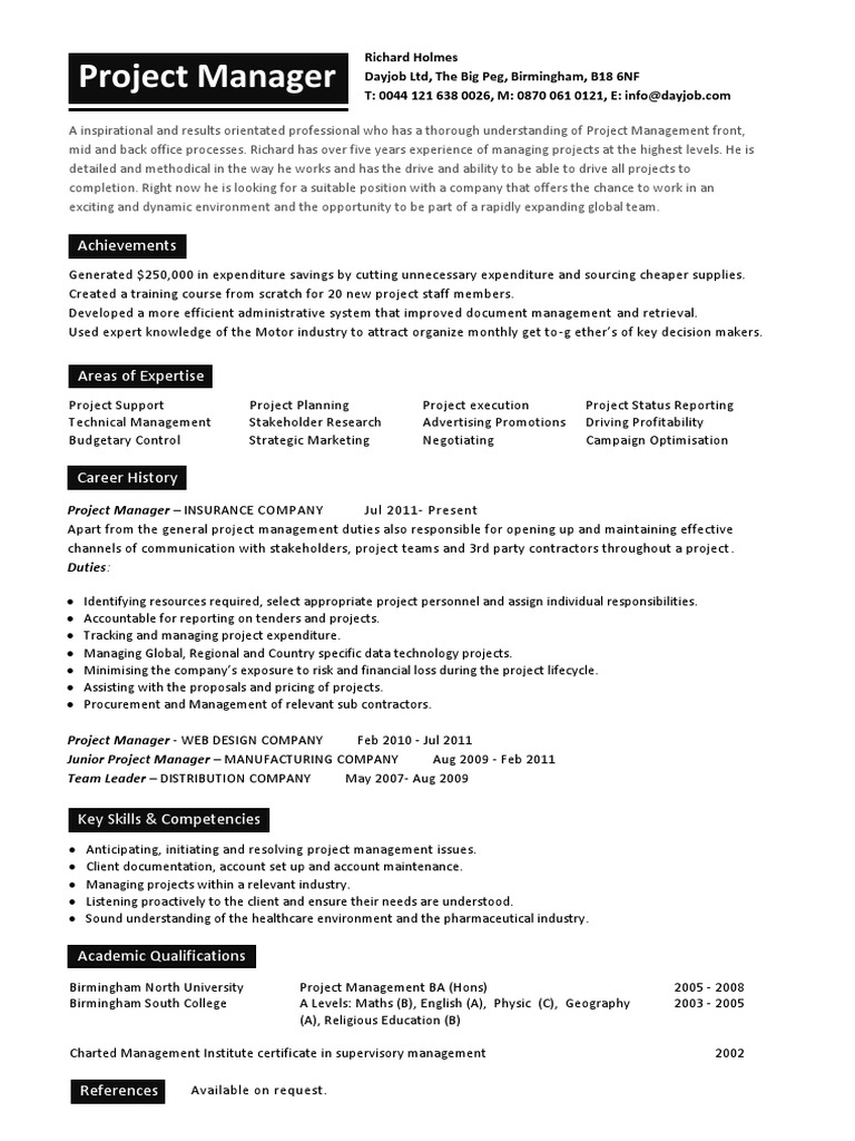project manager resume language