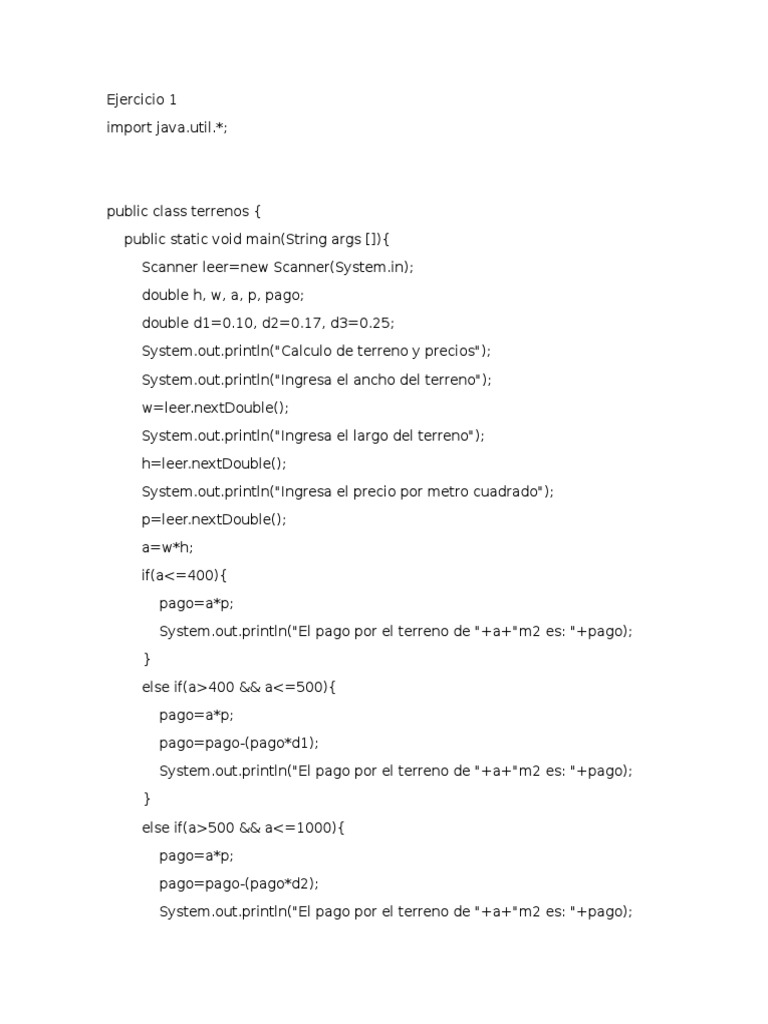 Ejercicios Java Terrenos Cálculos Y Más Pdf Programación De
