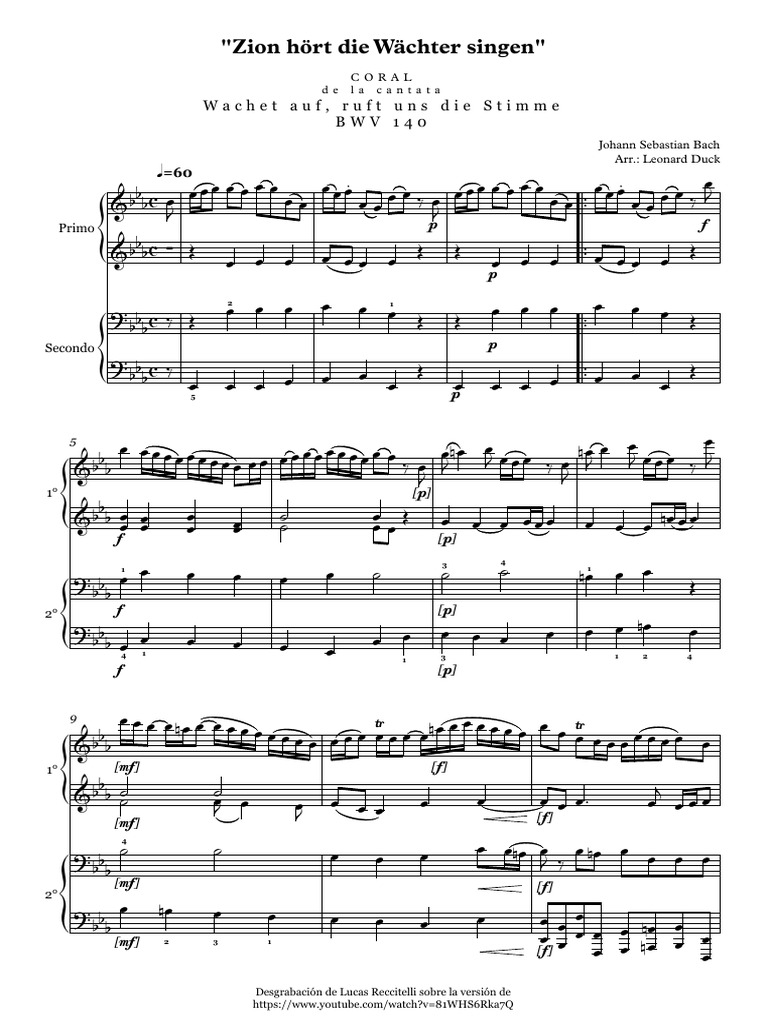 Zion Hört Die Wächter Singen (4-Hands) | PDF | Compositions | Compositions  classiques