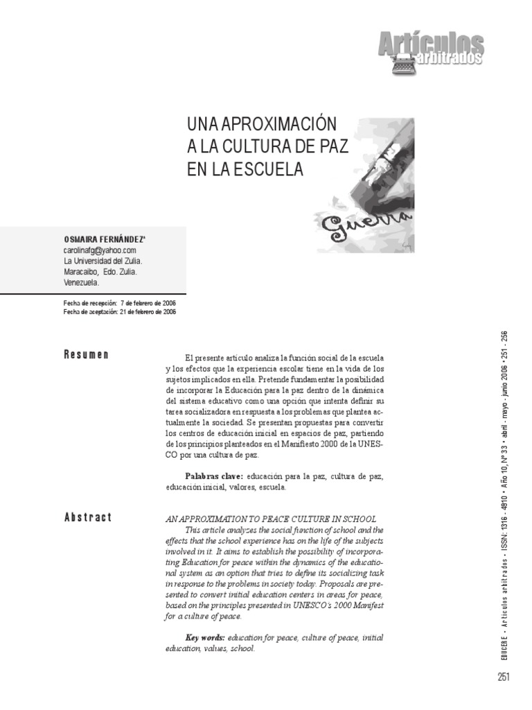 Cultura de Paz en la Educación Escolar | PDF | Tolerancia | Jardín de ...
