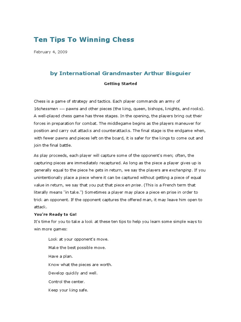 Ten Tips To Winning Chess | PDF | Chess Strategy | Chess