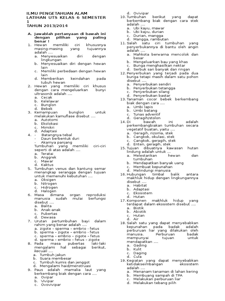 Soal Pts Ipa Kelas 7 Semester 1 Paket Murah