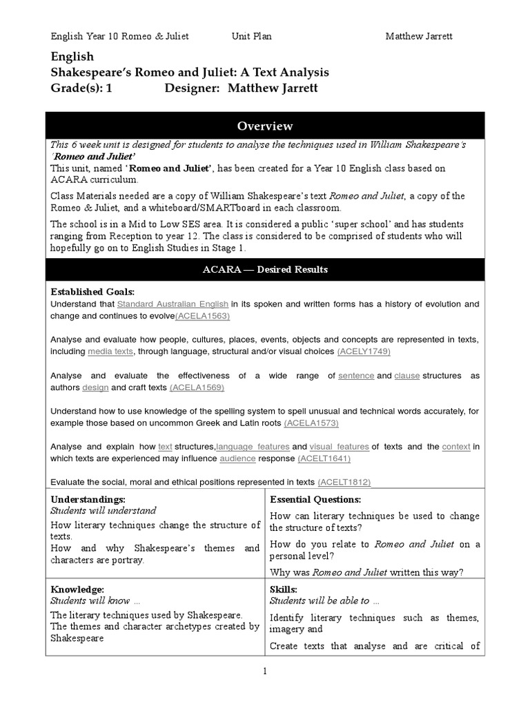 English Shakespeare's Romeo and Juliet: A Text Analysis Grade(s) : 1 ...