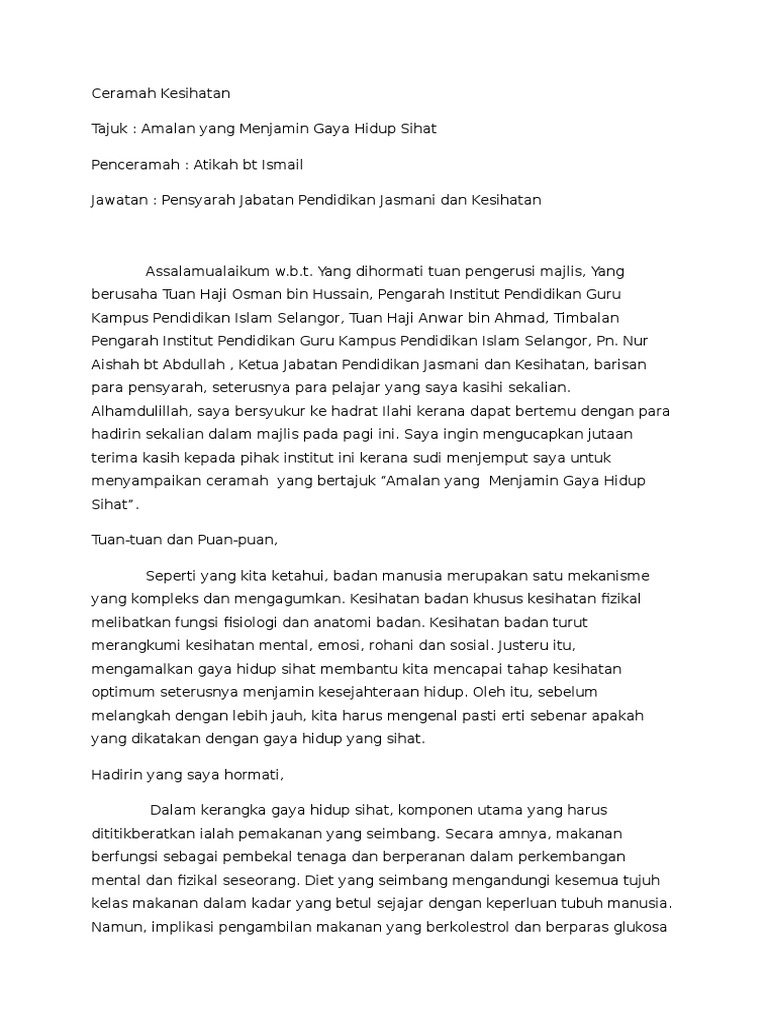 Ceramah Kesihatan Amalan Gaya Hidup Sihat