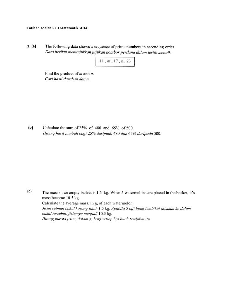 Latihan soalan PT3 Matematik 2014
