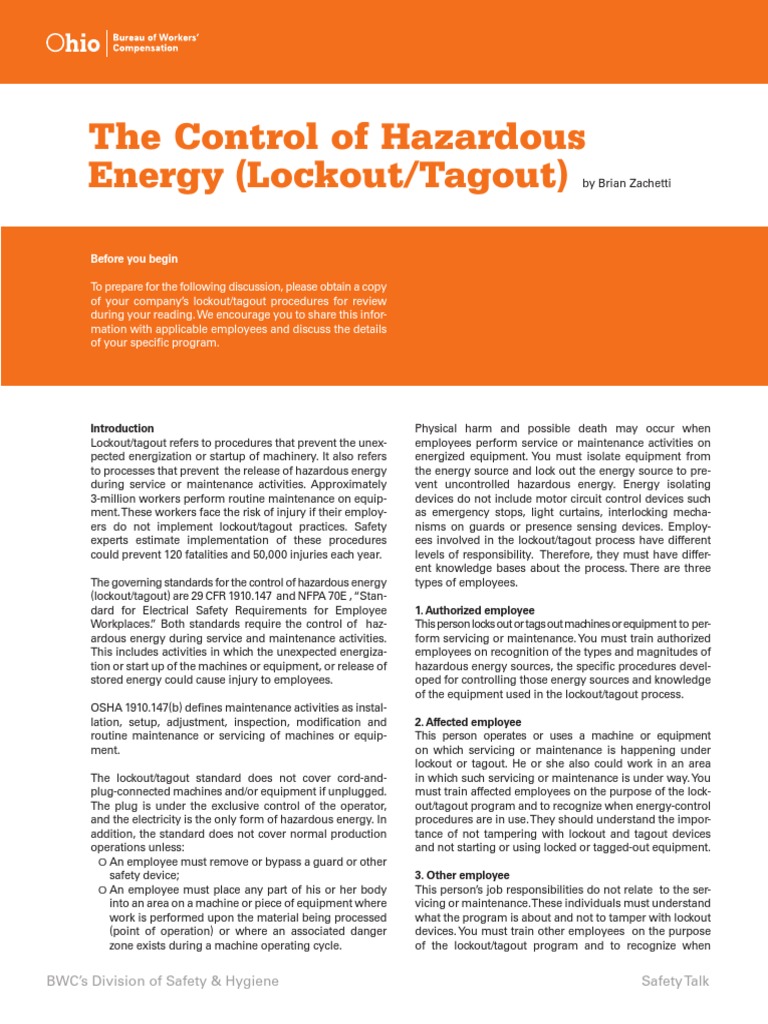 The Control of Hazardous Energy (Lockout/Tagout) : Before You Begin ...