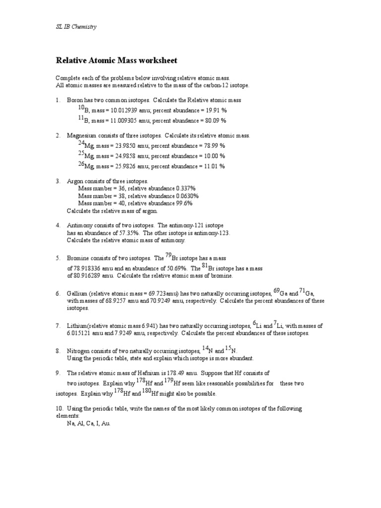 worksheet Molar Mass Worksheet Answer Key relative atomic mass worksheet and answers isotope nuclear chemistry