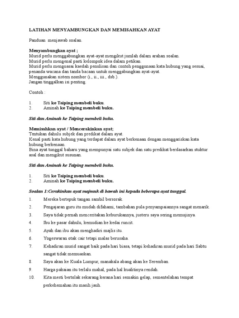 Latihan Menyambungkan Dan Memisahkan Ayat Pdf