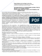 Declaración de La Plataforma Global Por El Derecho A La Ciudad (Gpr2C) Mensajes Fundamentales para Habitat Iii en El Dia Mundial Del HABITAT 2015