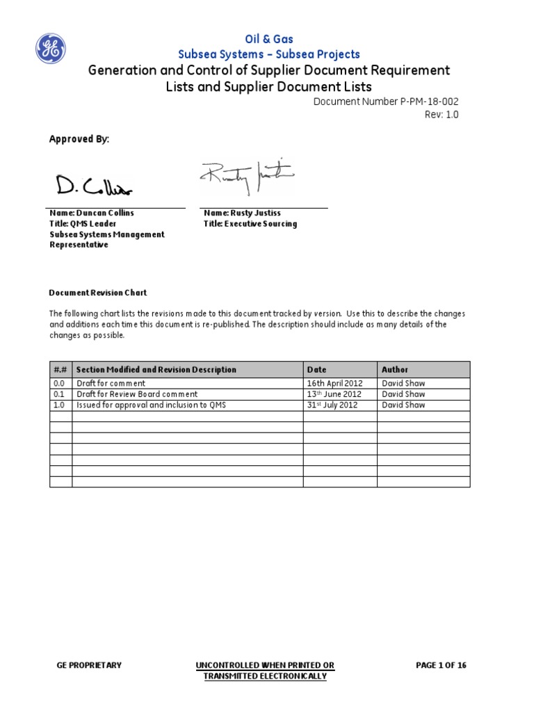 Generation and Control of Supplier Document Requirement Lists and