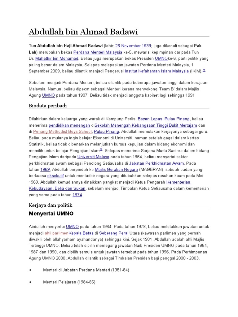 Tun Abdullah Ahmad Badawi Biodata