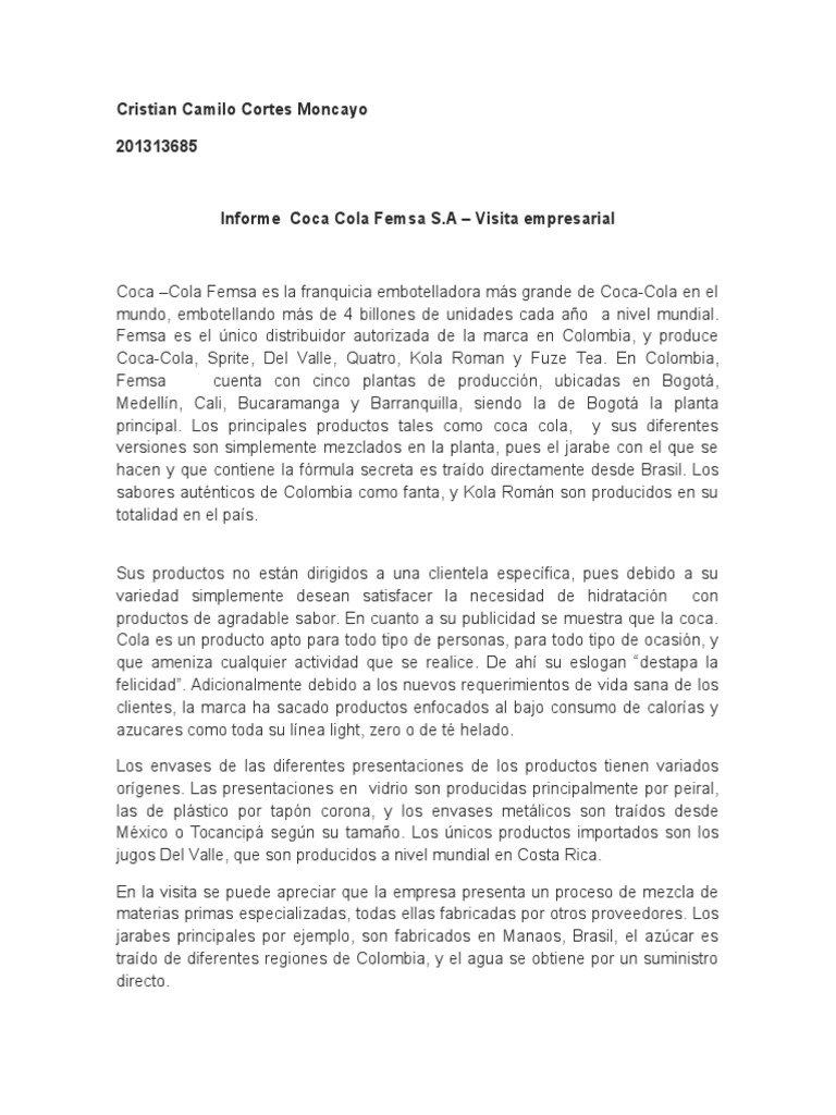 Informe Visita Coca Cola Cc.cortes10  Coca Cola  Botella