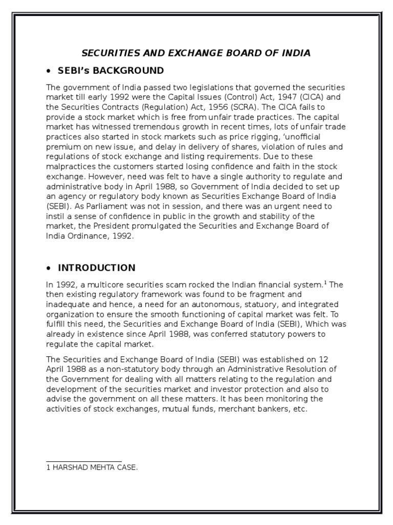 Sebi'S Background: Securities and Exchange Board of India | PDF ...