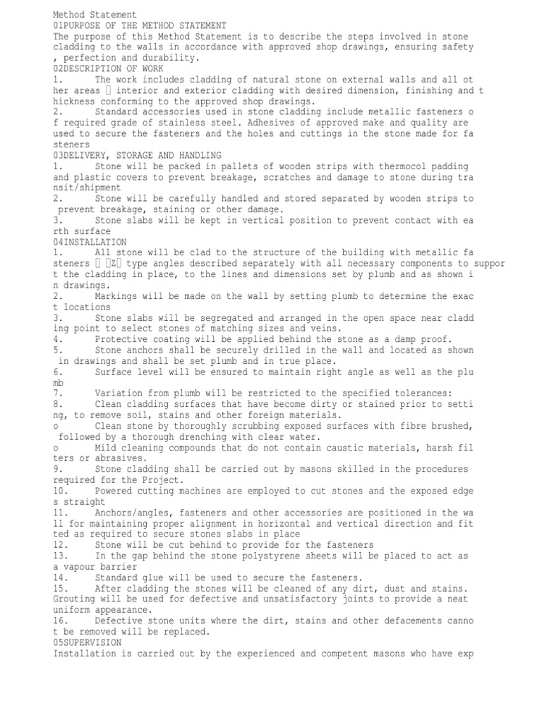 Method Statement Stone Cladding To The Walls PDF Wall Stainless Steel